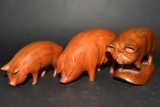 3 Hand Carved Wooden Pig Figurines