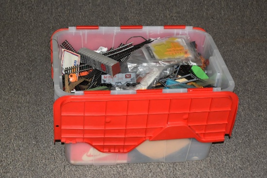 Plastic Tote Full of Electric Trains And Track