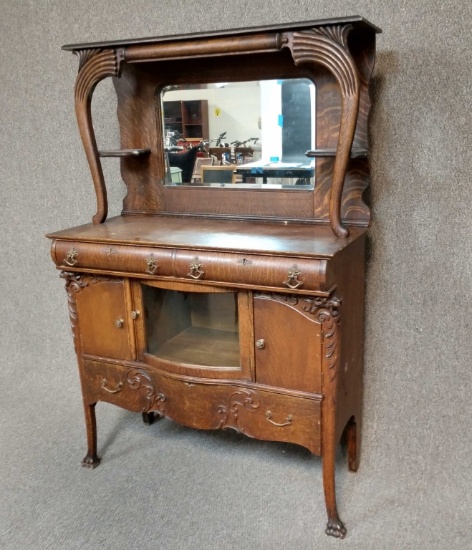 Antique Buffet Server With Mirrored Hutch