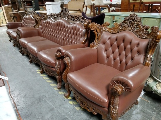 3pc Hand Carved Leather Living Room Set