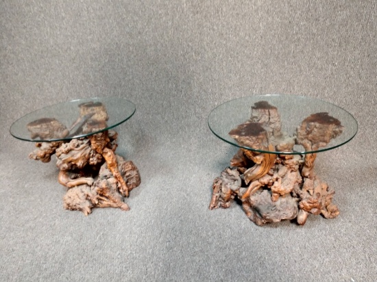2 Wood Burl Glass Top End Tables