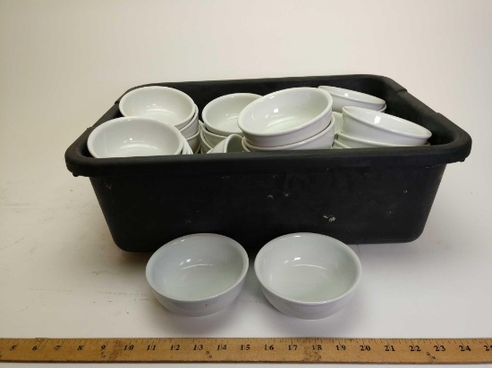 Plastic tote full of soup bowls