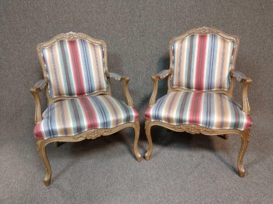 2 vintage hand carved upholstered living room chairs