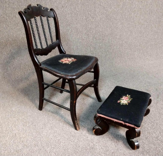 Antique needlepoint chair and ottoman