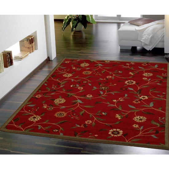 Ottohome Collection Floral Garden Design Dark Red 5 ft. x 7 ft. Non-Skid Area Rug