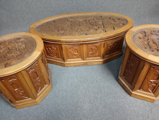 Asian Hand Carved Teak Wood Coffee Table w/2 End Tables