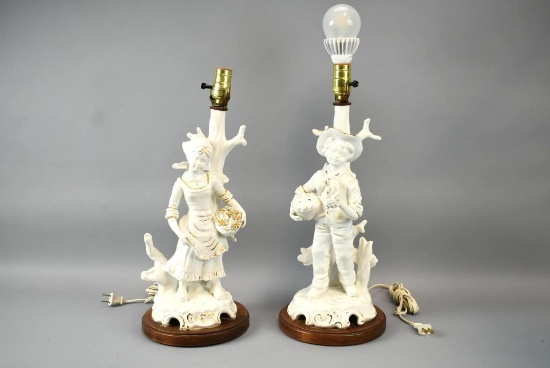 2 Pierrot Inspired Porcelain Figurine Table Lamps