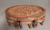 Hand Carved Oriental Coffee Table With 6 Stools