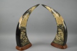 2 Vintage Chinese Carved Dragon Water Buffalo Horns