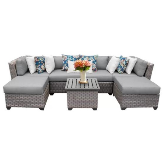 NEW Sol 72 Outdoor Kenwick 7 Piece Rattan Sectional Seating Group with Navy & Grey Cushions