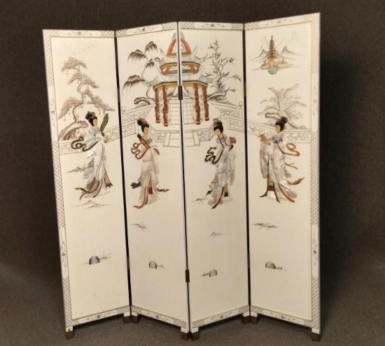 Oriental White Lacquer Carved Stone Room Divider