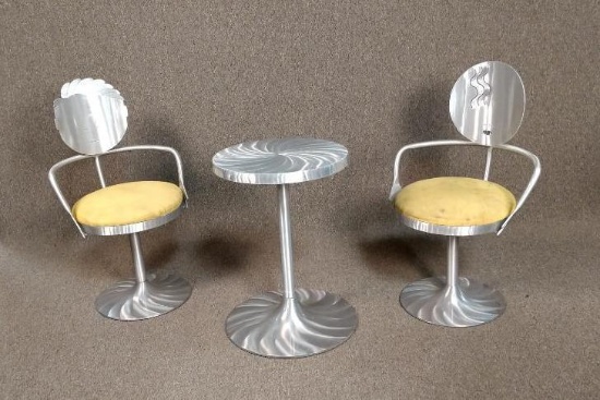 Polished Aluminum Table With 2 Chairs