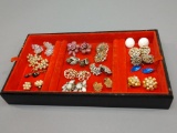 16 Sets Of Vintage Clip On Ear Rings With Jewelry Tray