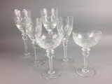 6 Etched Crystal Wine Glasses