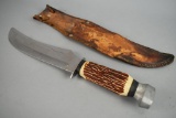 Vintage Stag Horn Handle Hunting Knife With Leather Sheath