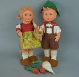 2 Vintage Goebel Radish Farmer Rubber Dolls With Accessories
