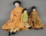 3 Antique German Porcelain And Cloth Folk Art Dolls