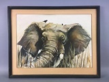 Vintage Framed Original Elephant Acrylic Painting On Canvas