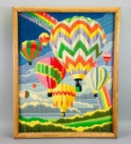 Vintage Framed Hot Air Balloon Cross Stitch Wall Hanging