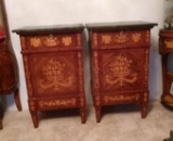 2 Marble Top Ornate French Provincial Burl Walnut Side Tables