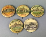 5 Antique 1904 Worlds Fair Pin Back Buttons