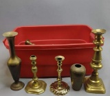 Plastic Tote Full of Brass Candlestick Holders