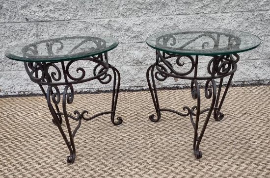 2 Wrought Iron Glass Top Side Tables / End Tables