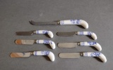 Vintage 7pc Blue And White China Cheese Knife Set