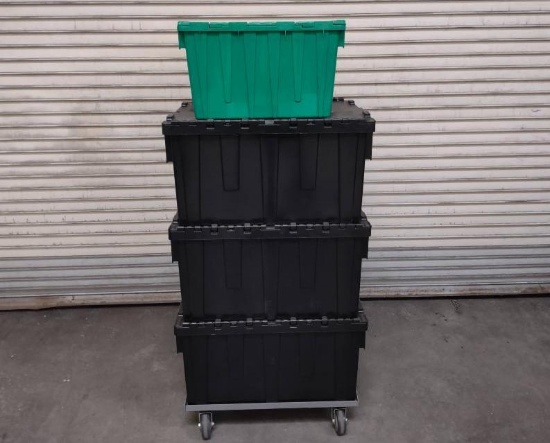 4 Plastic Totes Full of Stackable Sifting Screens With Cart