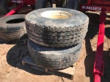 2-18R-22.5 float tires on 8 hole rims. (2 TIMES THE MONEY)