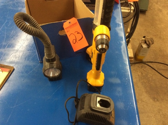 DeWalt cordless right angle drill & 2 - lights w/ charger.