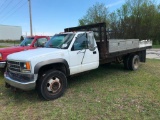 (TITLE) 1993 Chevy flatbed truck; 2x4; auto trans; DRW; steel flatbed; 7.4L gas engine; 101,856