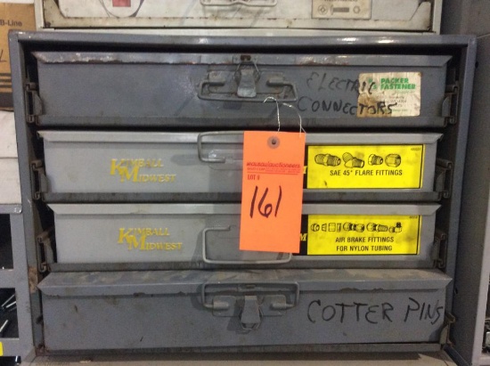 Kimball 4-drawer organizer; electric connectors; flare & brake fittings; cotter pins.