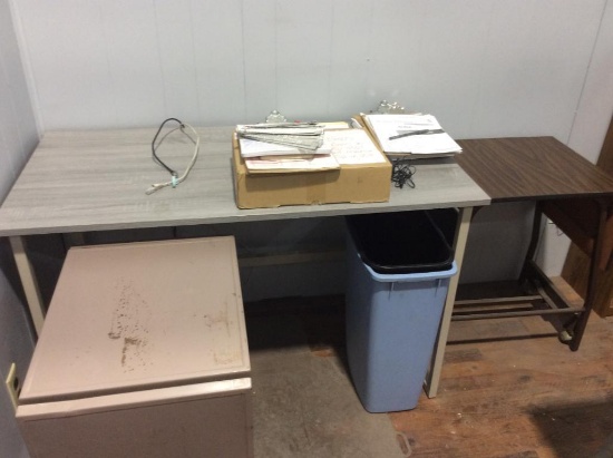 2-Typewriter tables; table; bookshelf; lamp.