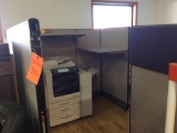 Office divider cubicle w/ desks & file cabinets.