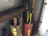 2 - barrels w/ steel & wood tires tools & sledge hammer.