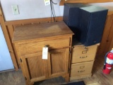 Wood 2-drawer file & cabinet & speakers.