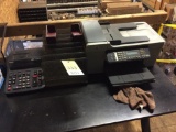HP 3 in 1 copier, Casio calculator, misc. office equip. & table.
