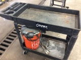 Sunnex 4-wheel plastic tool cart w/ bucket head shop vacuum.