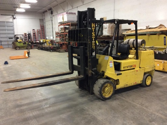 1991 Hyster S120XL LP gas forklift; 12,000 lb; 111in lift; side shift; 6ft forks, cushion tires;