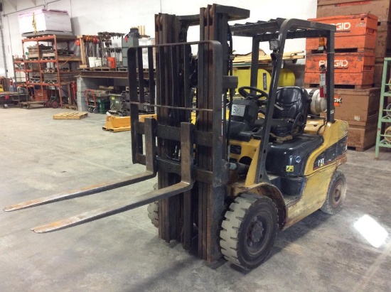 Caterpillar P5000 LP gas forklift; 5,000 lb; 188in lift; side shift; fork positioners; cushion