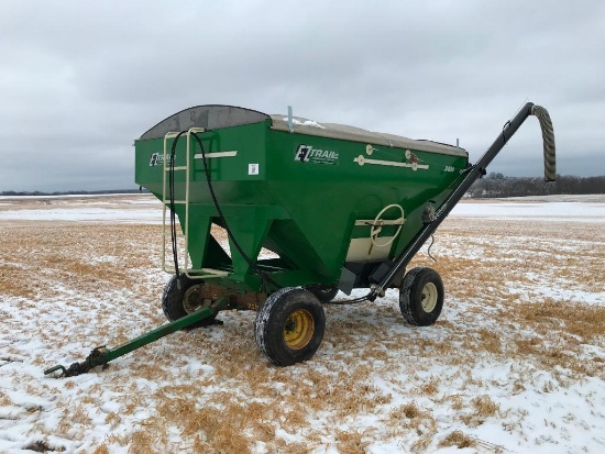 EZ Trail 3400 gravity box on John Deere 720 running gear; EZ Trail hyd drive auger; roll tarp.