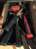 Steel box of assorted hammers.