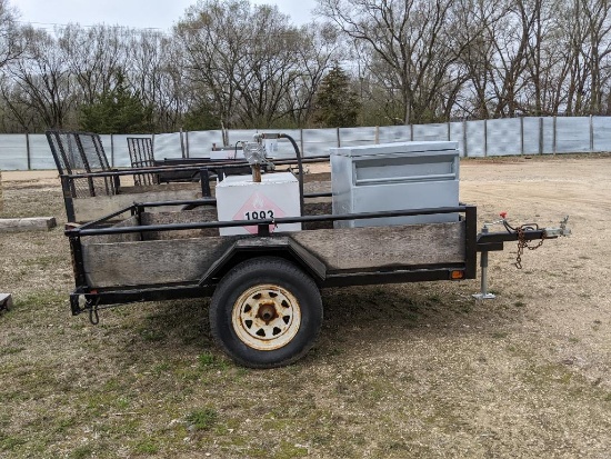 6' x 10' single axle trailer equipped with 100-gallon fuel tank w/ hand pump; tool box & ball hitch.