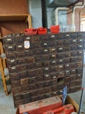 Antique 100 drawer wood cabinet w/ misc. contents (missing one drawer).