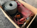 Pallet box of assorted misc belting; flags & triangle.