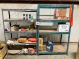 2 Metal Shelving units w/ contents & 2 - 55 gallon drums w/ hand pump.