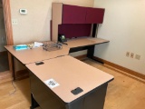 L - shaped desk w/ credenza w/ 2 drawer file cabinet.