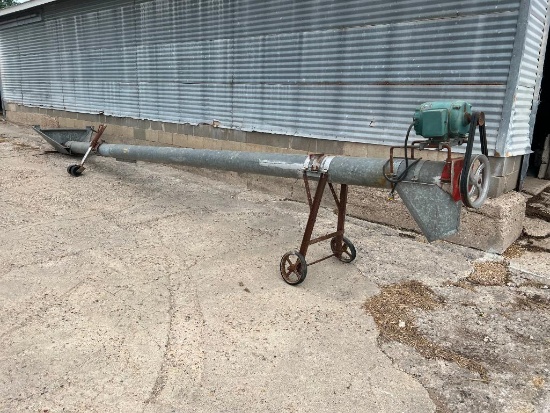 8" x 24' grain auger on transport, hopper, electric motor.