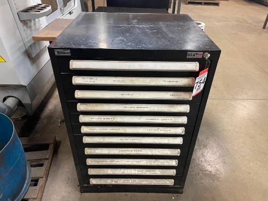 Vidmar 11-drawer tool cabinet w/contents; SAE and metric; flute end mills; finish flute thread